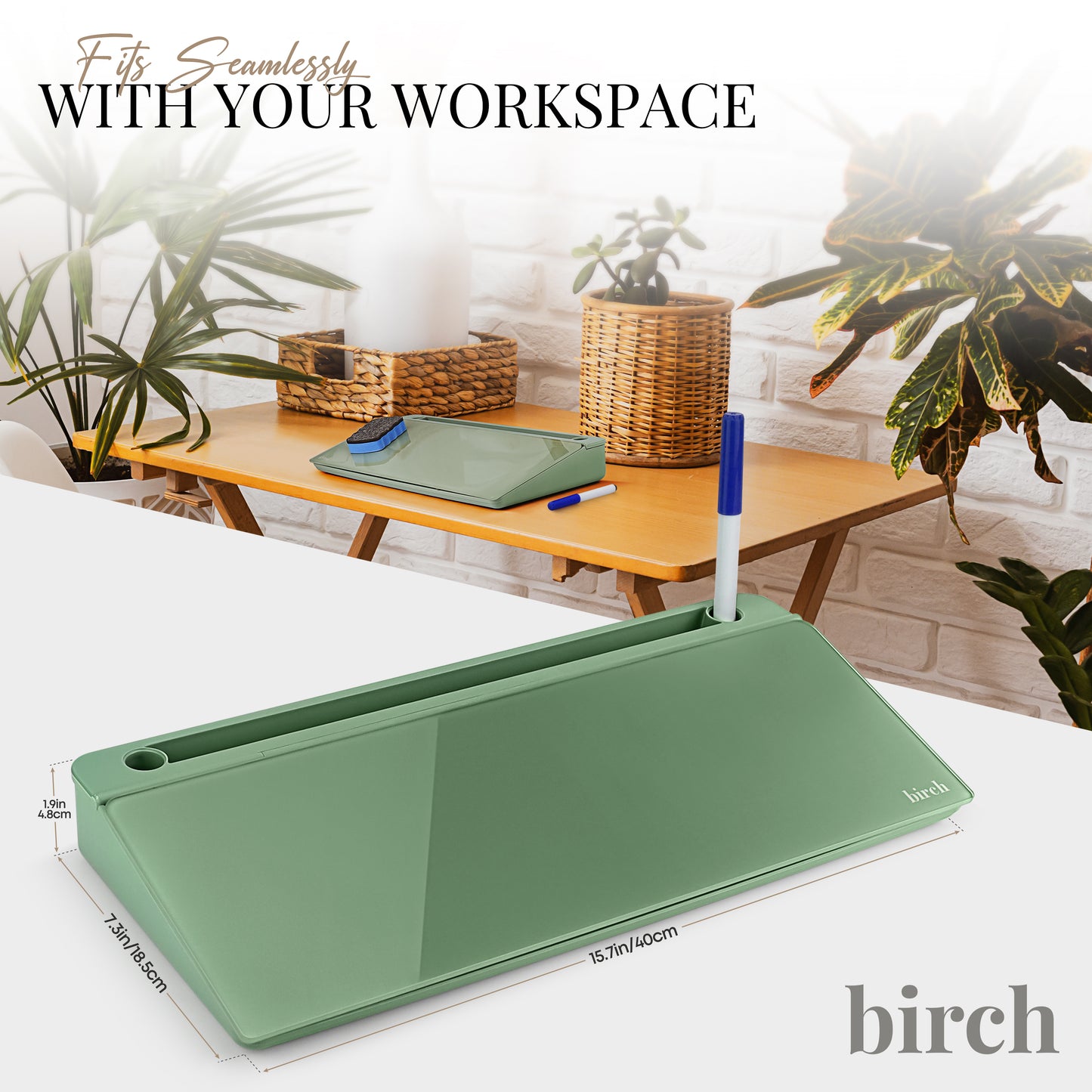 Birch Desktop Whiteboard with Storage & Erasable Marker - Moss (00197644887392)
