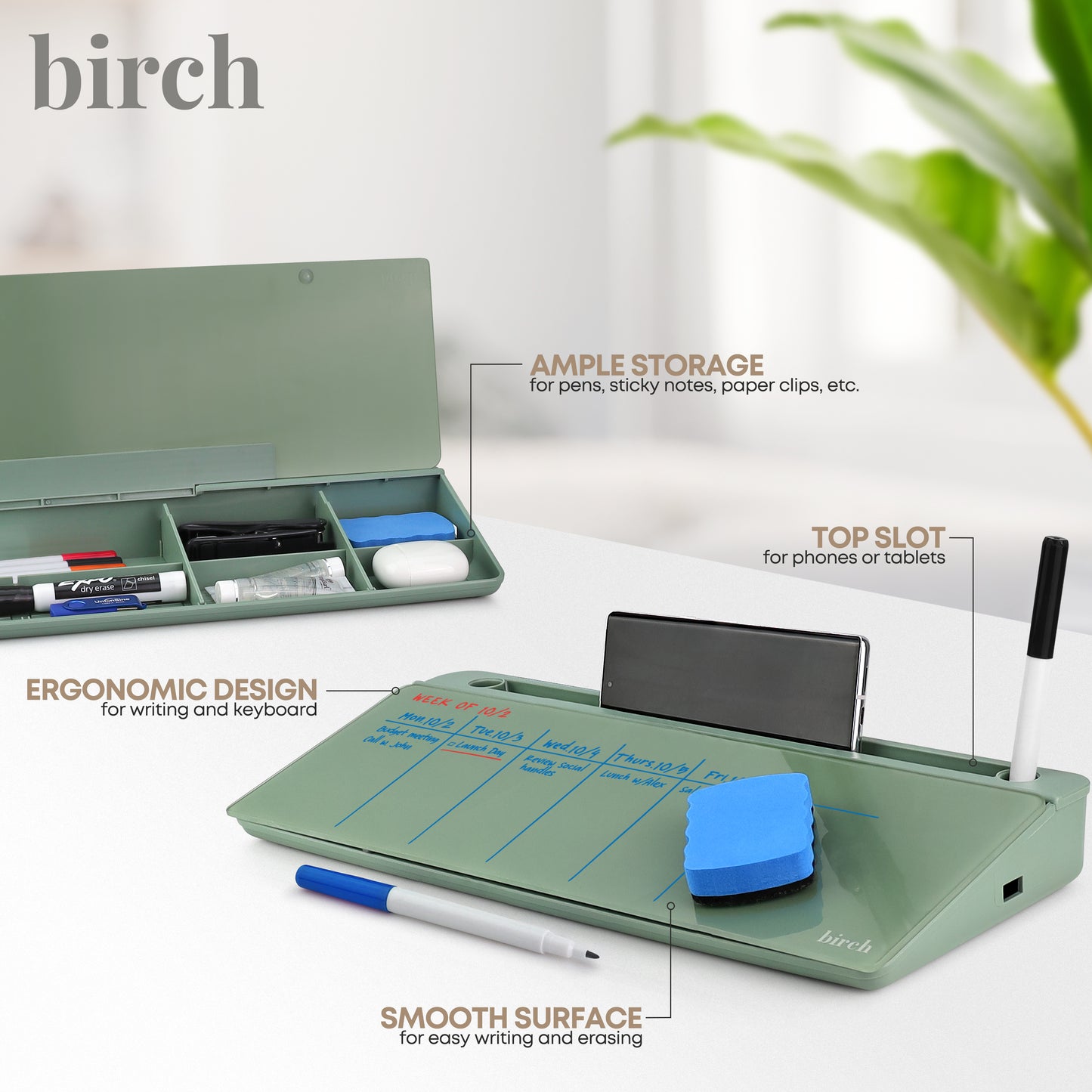Birch Desktop Whiteboard with Storage & Erasable Marker - Moss (00197644887392)