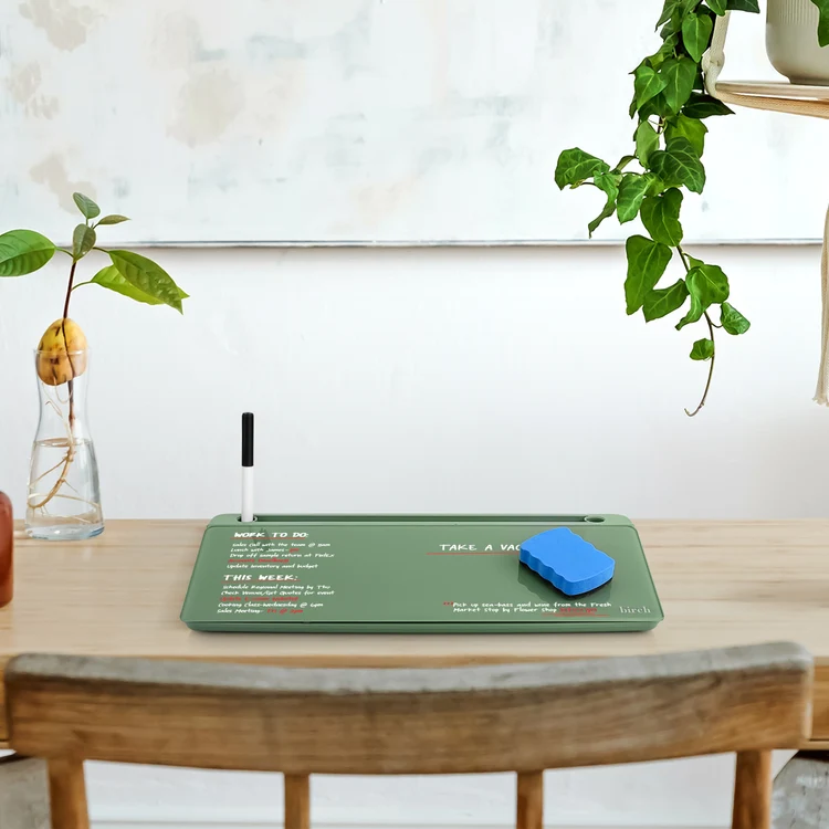 Birch whiteboard in Moss on a wooden desk with plants
